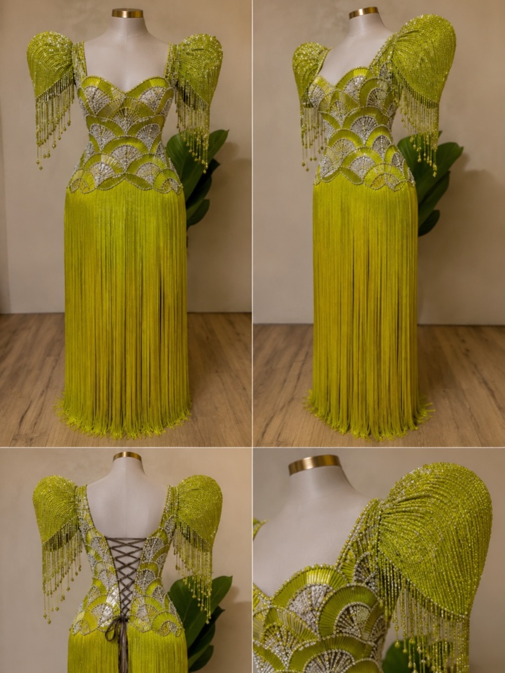 Luxury Chartreuse Beaded Fringe Corset Gown —